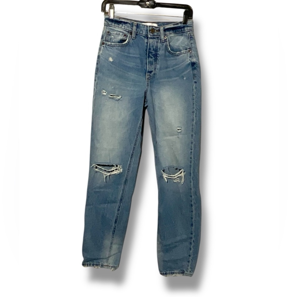 Zara Jeans Blue‎ Denim Ripped Straight Button Fly High Waist Size 2